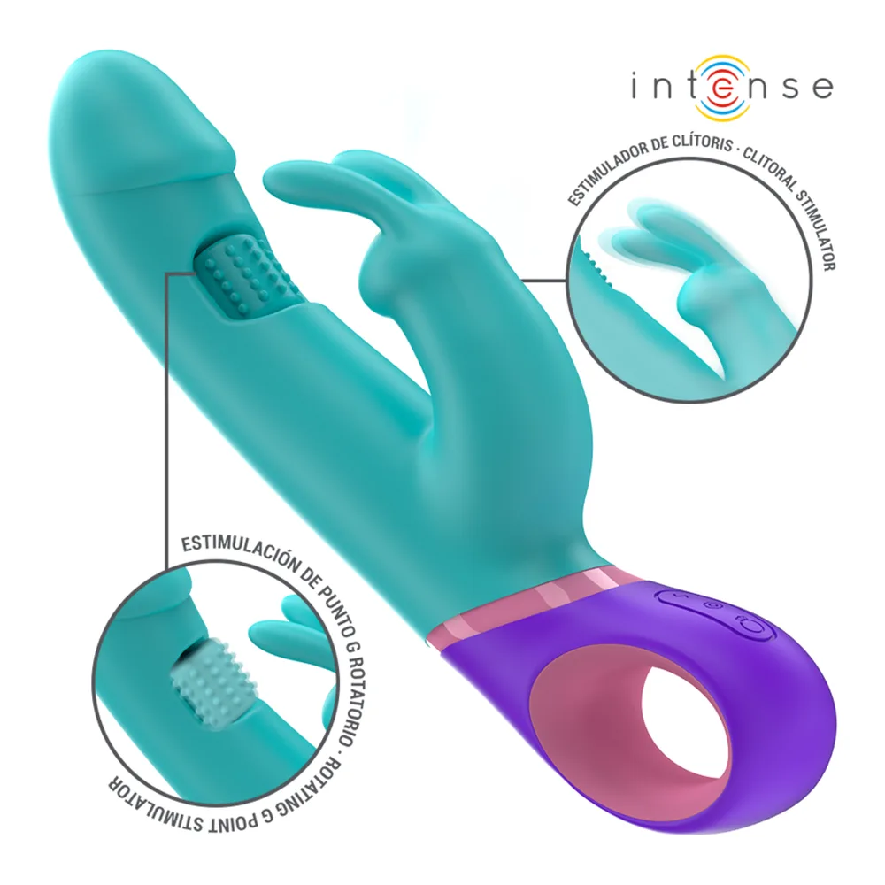 Vibromasseur rabbit turquoise et violet avec tête rotative texturée, anneau de base mauve, détail en gros plan de la stimulation du point G en rotation