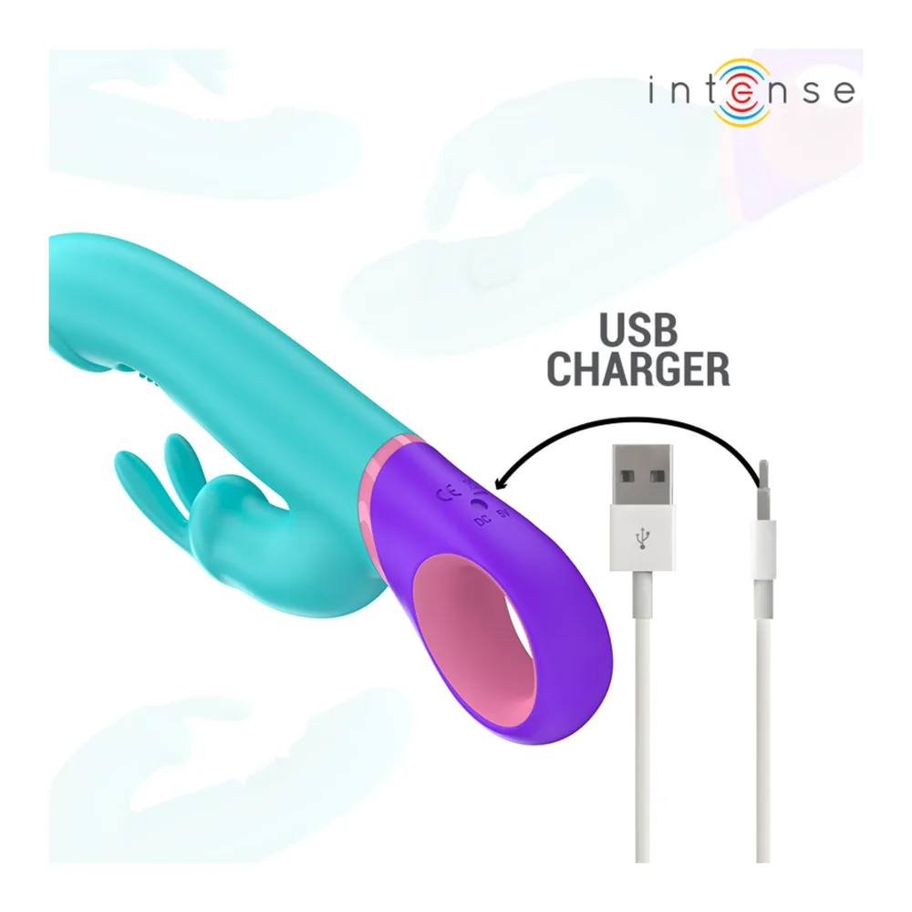 Vibromasseur rabbit turquoise silicone rechargeable étanche, autre vue 5