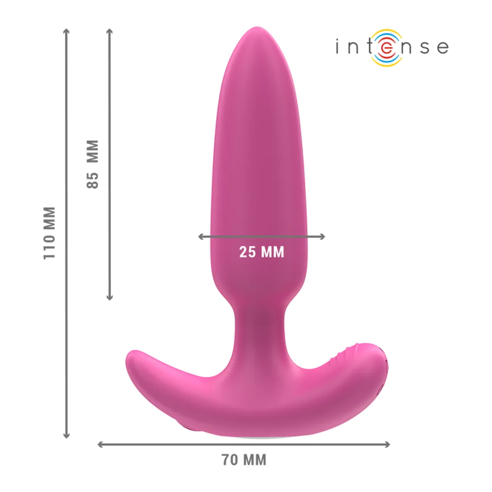 Plug anal rose en silicone avec télécommande noire, affichant 10 modes de vibration, vue de face et détail de la forme avec zoom sur la pointe