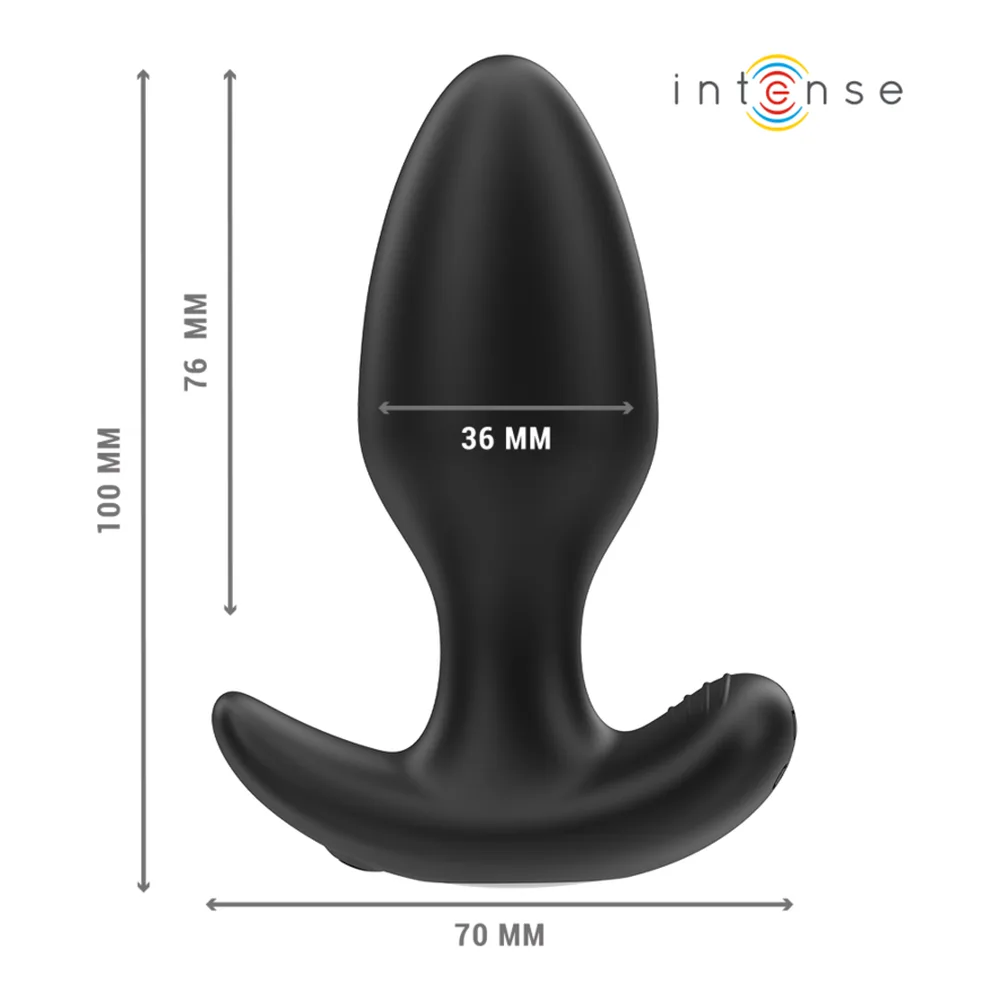 Plug anal noir en silicone de forme bulbeuse avec base courbe, accompagné d'une télécommande noire et d'un schéma montrant les 10 modes de vibration
