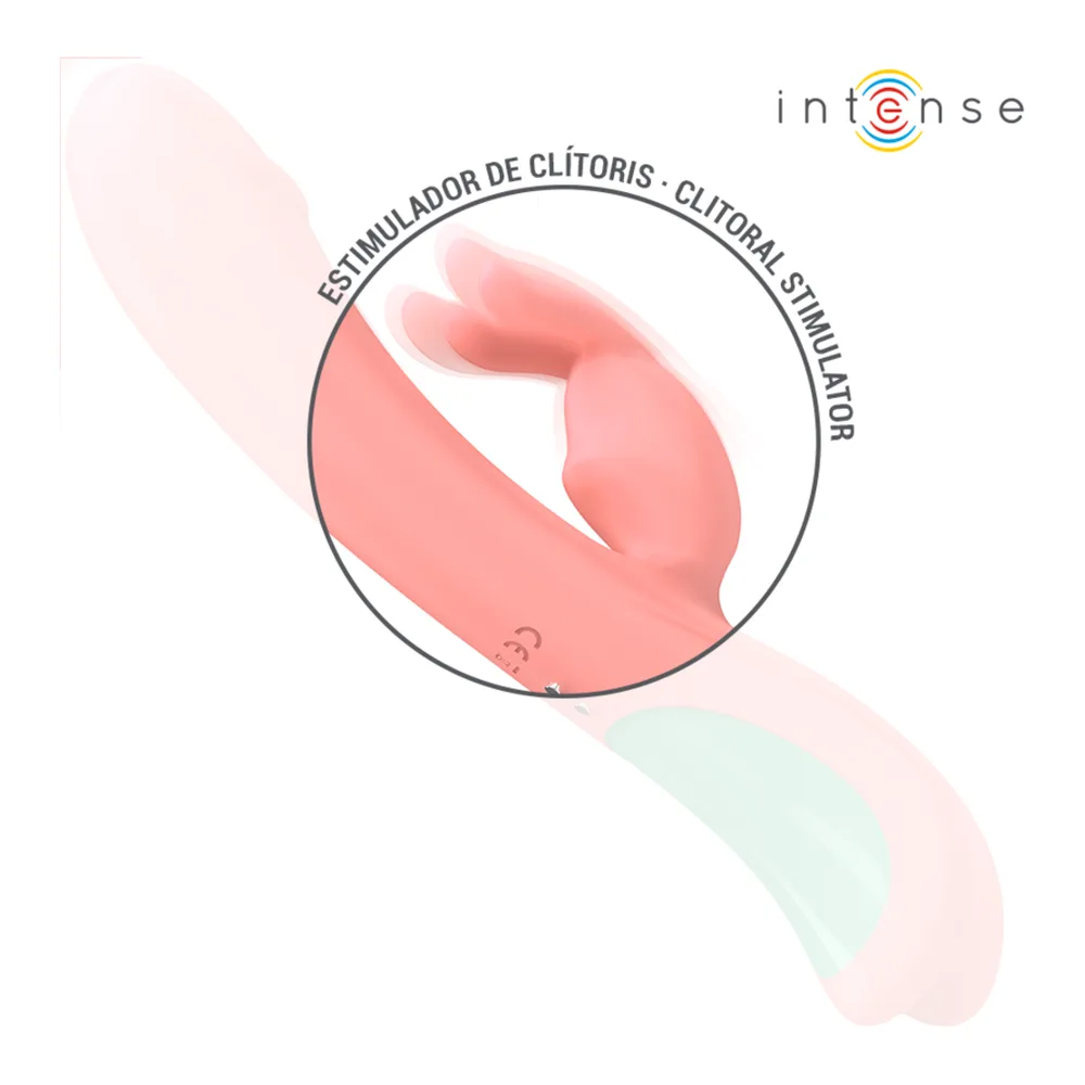 Vibromasseur rabbit rose pâle avec stimulateur clitoridien et bras de lapin, détail des modes d'oscillation et de stimulation en cercles agrandis, marquages violets sur le corps
