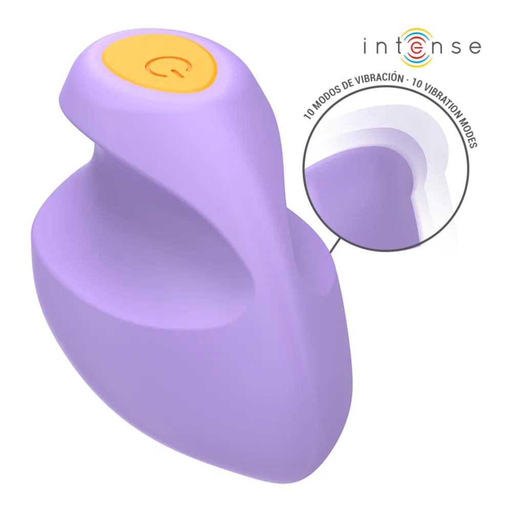 Stimulateur clitoridien Ursula de forme arrondie en silicone lilas clair, avec zoom sur sa surface texturée violette et mention de 10 modes de vibration
