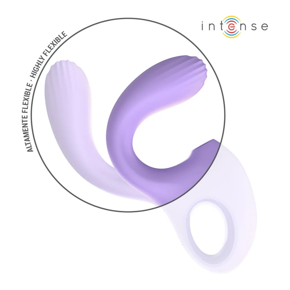Vibrateur stimulateur lilas avec tête de succion ronde et corps incurvé, 10 modes de vibration, affichant détails de suction et ondulation en incrustations