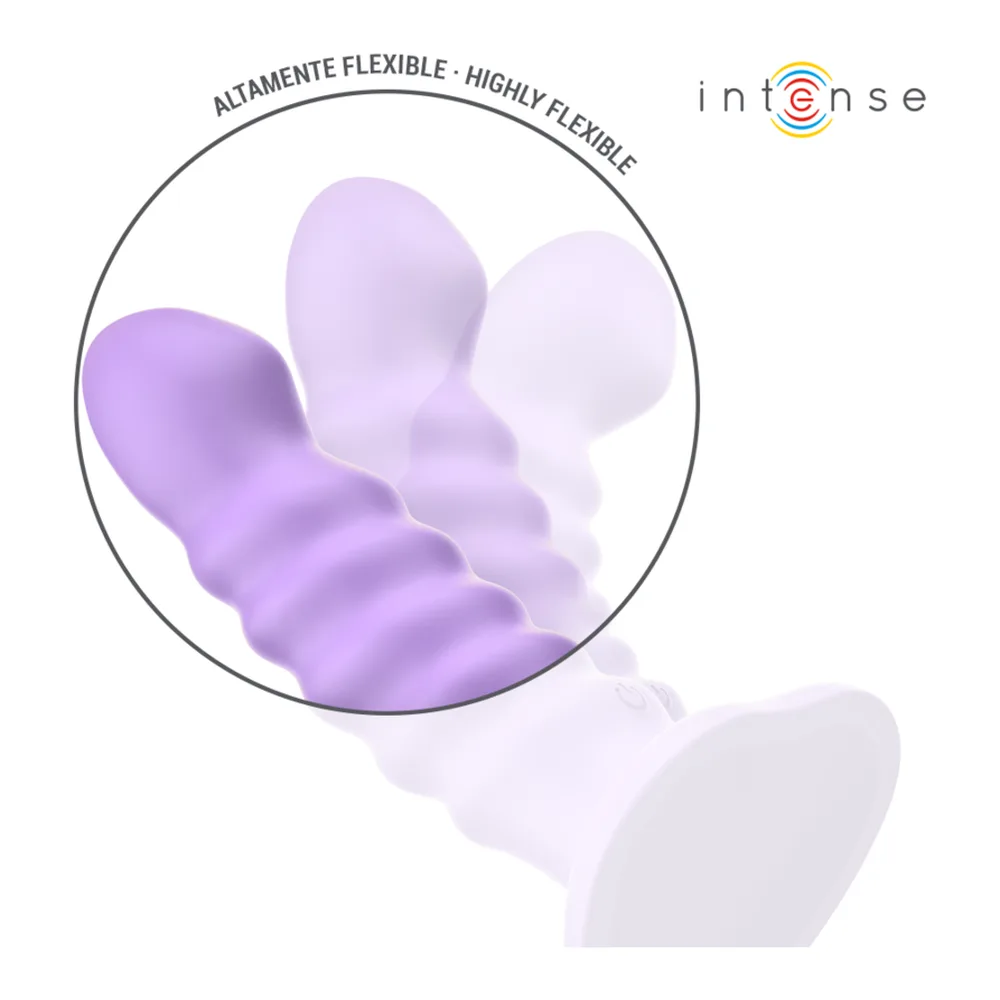 Vibromasseur Brenda en silicone violet dégradé montrant sa forme ergonomique avec nervures, présenté dans un cercle avec mention « Hautement flexible »