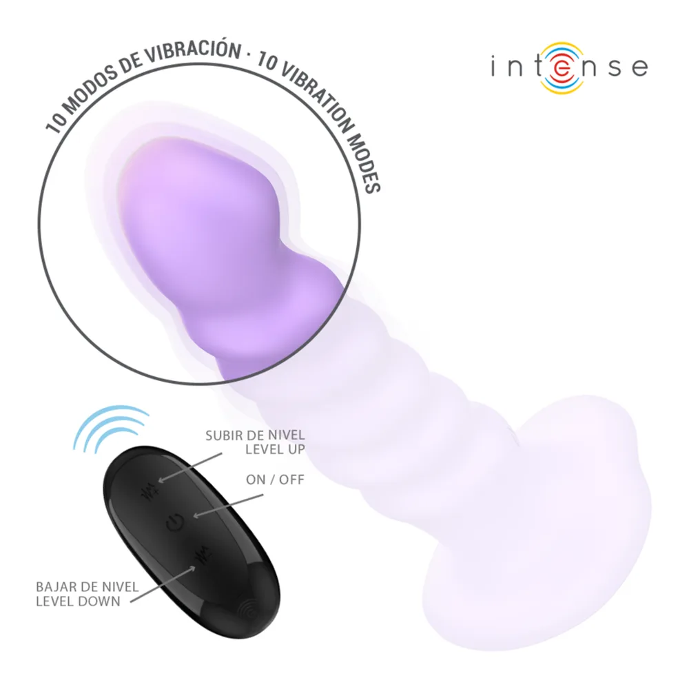 Vibromasseur Brenda en silicone violet dégradé montrant sa forme ergonomique avec nervures, présenté dans un cercle avec mention « Hautement flexible »
