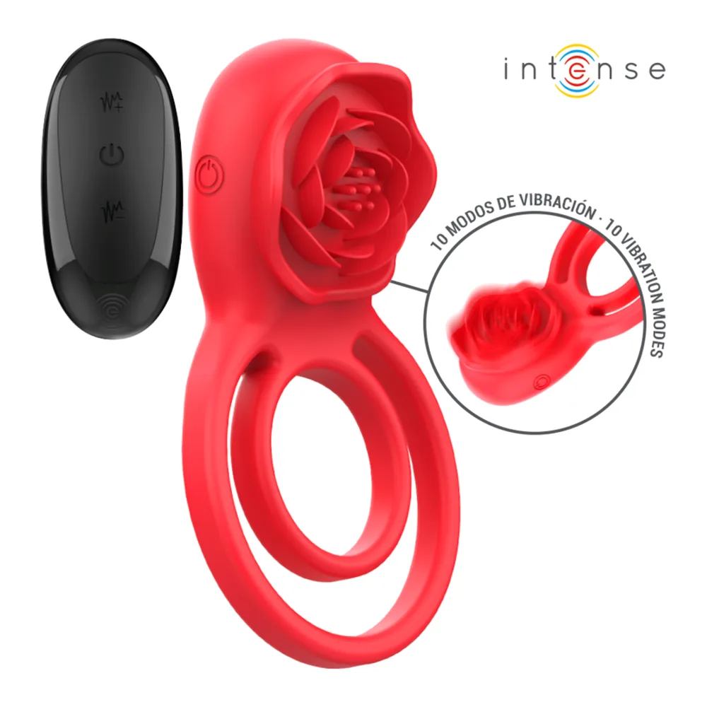Stimulateur clitoridien rouge en silicone en forme de rose avec double anneau, accompagné d'une télécommande rouge allongée, sur fond blanc