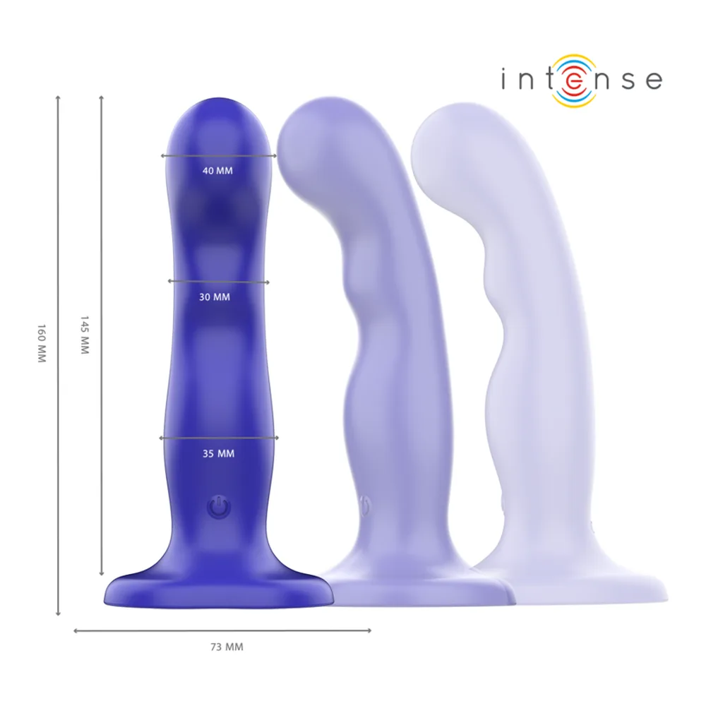 Vibromasseur bleu en silicone avec ventouse à la base, télécommande noire sans fil, détails texturés visibles en gros plan, 10 modes de vibration