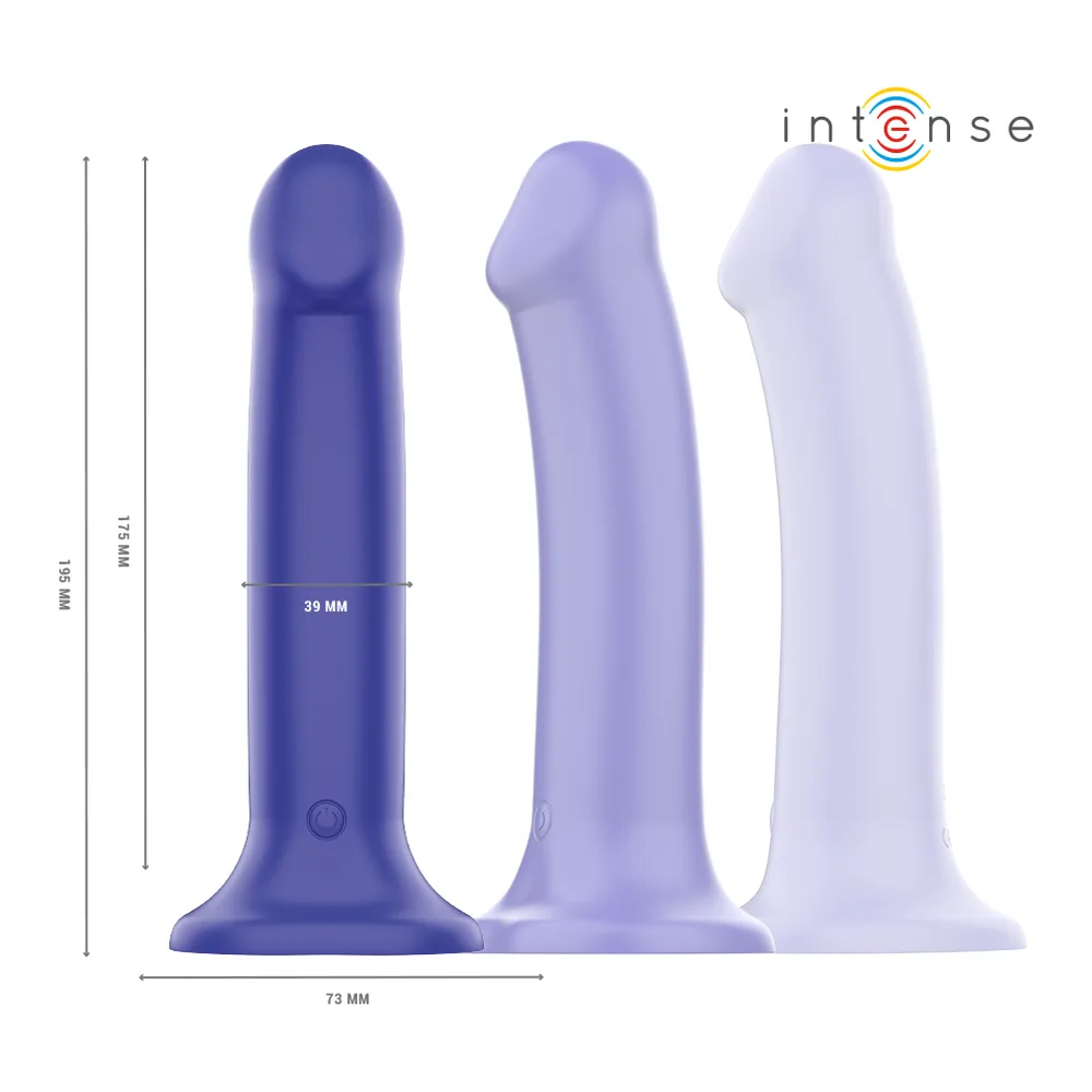 Vibrateur bleu avec base ventousée et balle de stimulation, accompagné d'une télécommande noire, détails en zoom du système de ventouse et des 10 modes de vibration