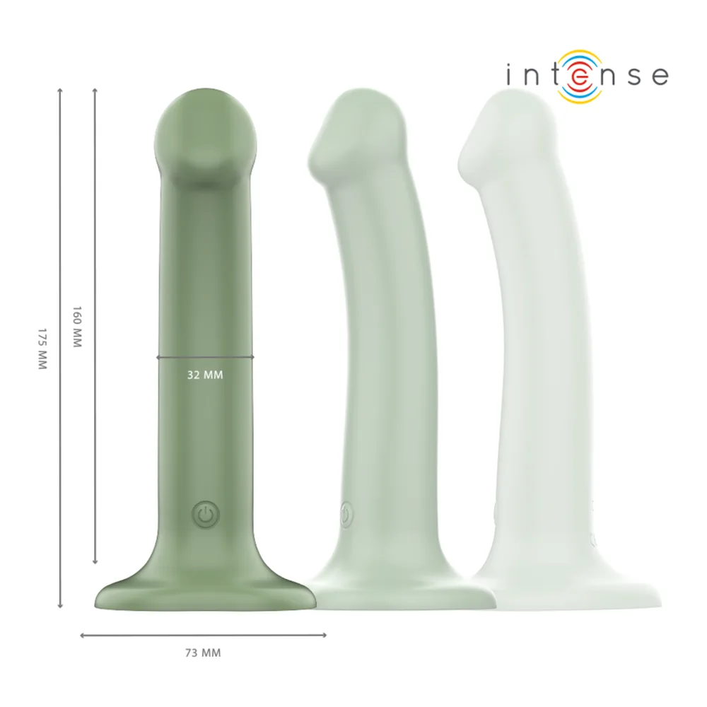 Schéma de dimensions du vibromasseur Becca avec ventouse, montrant trois coloris du vert foncé au blanc, vue de face et profil, avec mesures de diamètre et hauteur indiquées