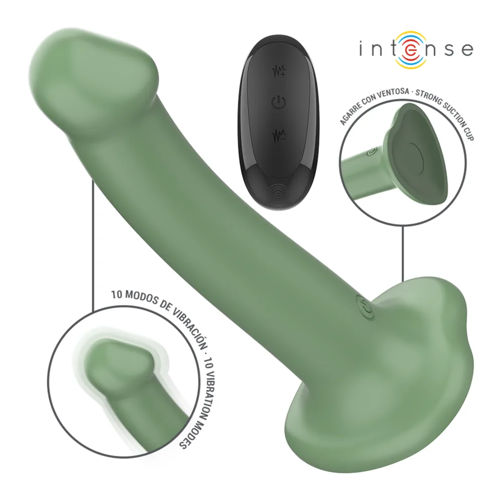 Schéma de dimensions du vibromasseur Becca avec ventouse, montrant trois coloris du vert foncé au blanc, vue de face et profil, avec mesures de diamètre et hauteur indiquées