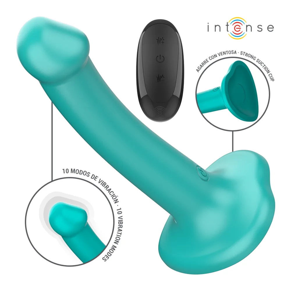 Vibromasseur turquoise en silicone avec tête ronde et corps allongé, accompagné d'une télécommande noire ovale et d'un schéma montrant les 10 modes de vibration