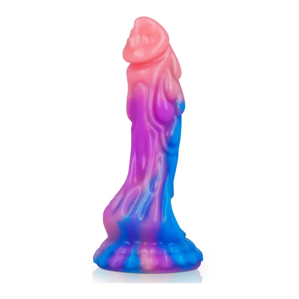 Schéma de dimensions d'un gode en silicone rose et bleu dégradé, forme abstraite avec sections arrondies, ventouse à la base, hauteur 165mm, largeur 75mm