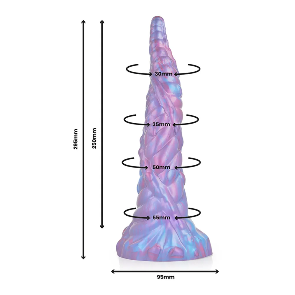 Gode fuselé en silicone aux teintes dégradées bleu, violet et rose, avec relief texturé et base évasée, sur fond blanc