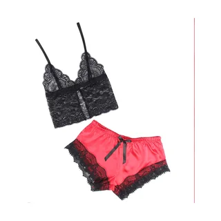 Chemise de Nuit Décontractée en Soie + Pantalon noir/rouge Subblime - accessoires fournis