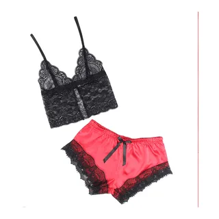 Chemise de Nuit Décontractée en Soie + Pantalon noir/rouge Subblime - vue en gros plan