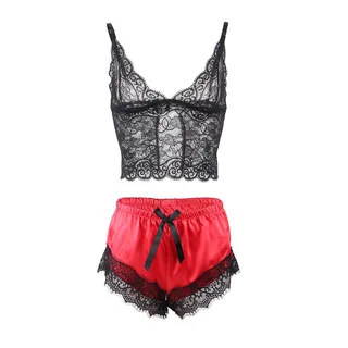 Chemise de Nuit Décontractée en Soie + Pantalon noir/rouge Subblime - vue 19