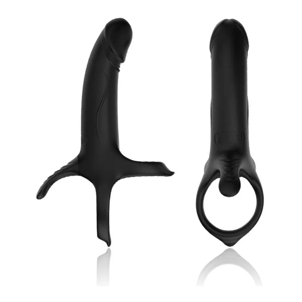 Gode anneau vibrateur noir silicone avec base en forme d'anneau double, vues d'utilisation schématisées sur la droite, vibrations indiquées par des traits pointillés