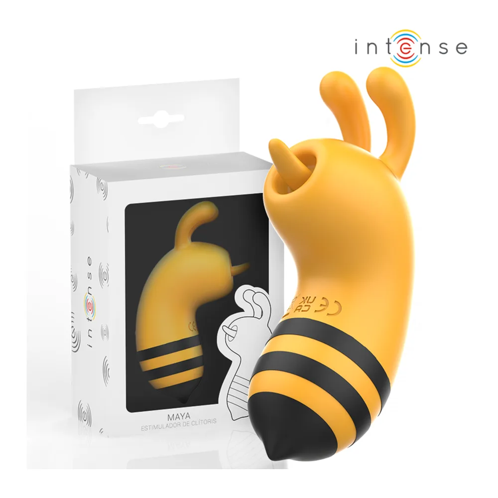 Stimulateur clitoridien en silicone jaune et noir avec deux antennes flexibles, pointe oscillante et motif rayé, montrant en détail le mécanisme d'oscillation de la pointe