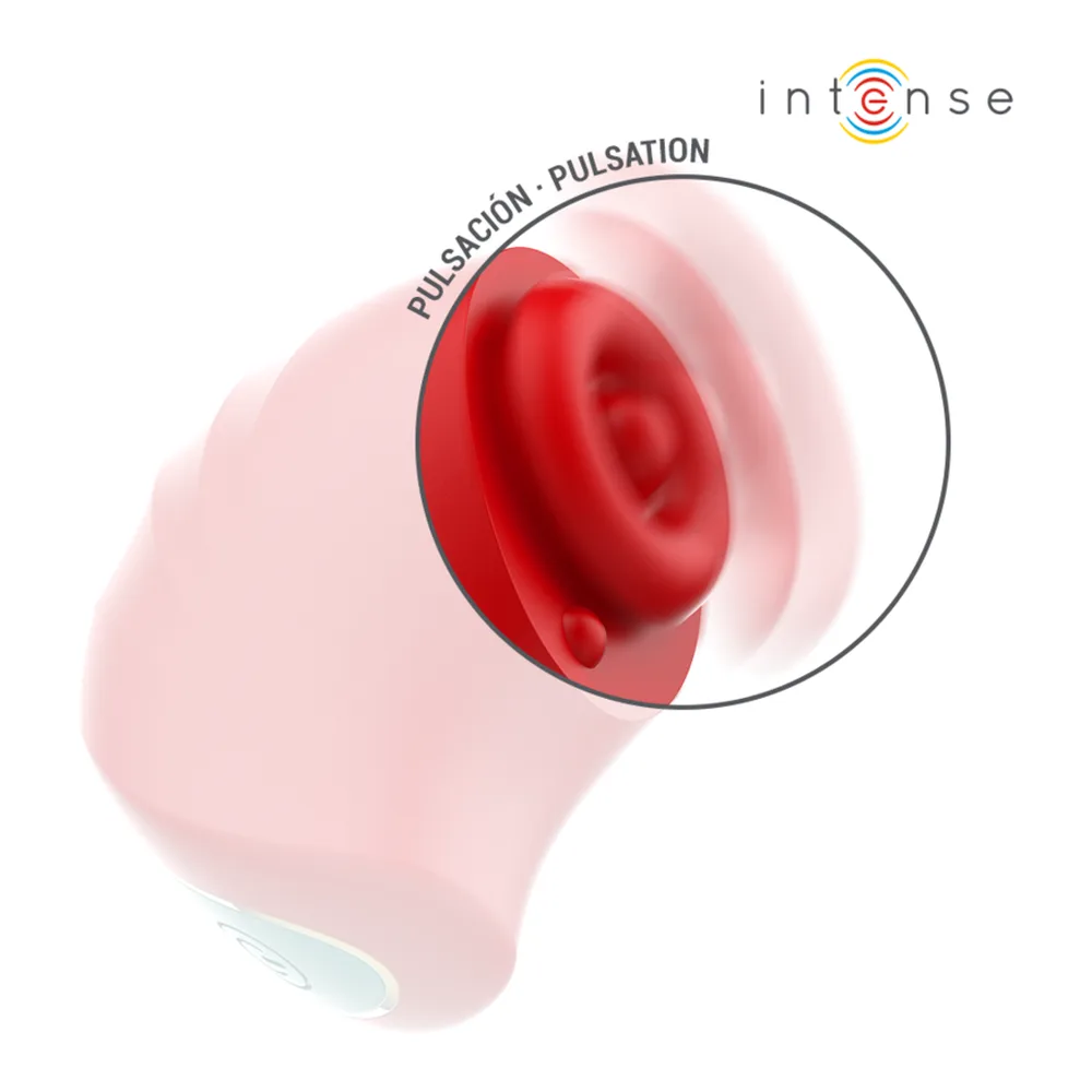 Stimulateur clitoridien rose pâle en silicone avec embout rouge en forme de bouche, schéma montrant la pulsation par contact, logo Intense visible