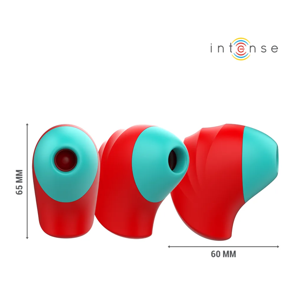 Stimulateur clitoridien rose pâle en silicone avec embout rouge en forme de bouche, schéma montrant la pulsation par contact, logo Intense visible