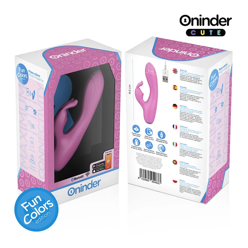 Schéma de dimensions montrant trois vibromasseurs de la marque Oninder Cute en silicone rose et rose foncé, avec hauteur 14,5 cm et largeur 3 cm, accompagnés de leurs formes distinctives incluant un modèle rabbit