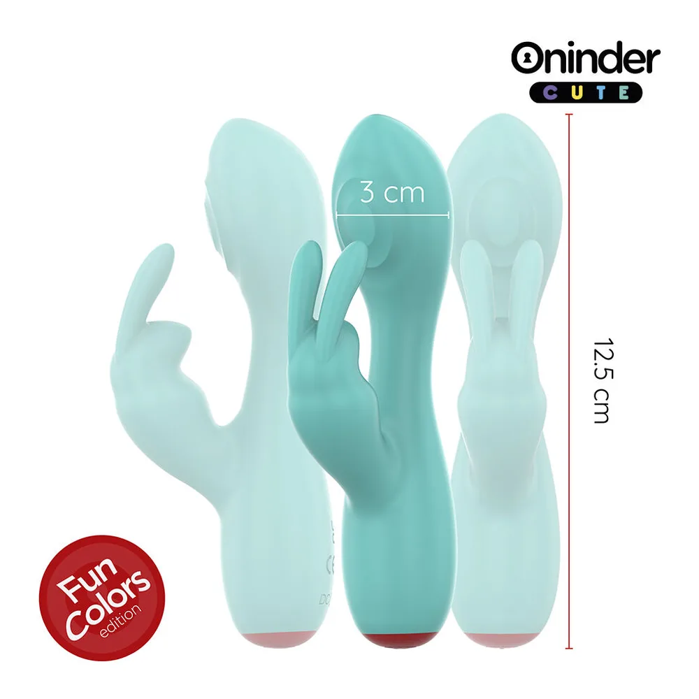 Schéma de dimensions montrant trois vibromasseurs de la marque Oninder Cute en silicone rose et rose foncé, avec hauteur 14,5 cm et largeur 3 cm, accompagnés de leurs formes distinctives incluant un modèle rabbit