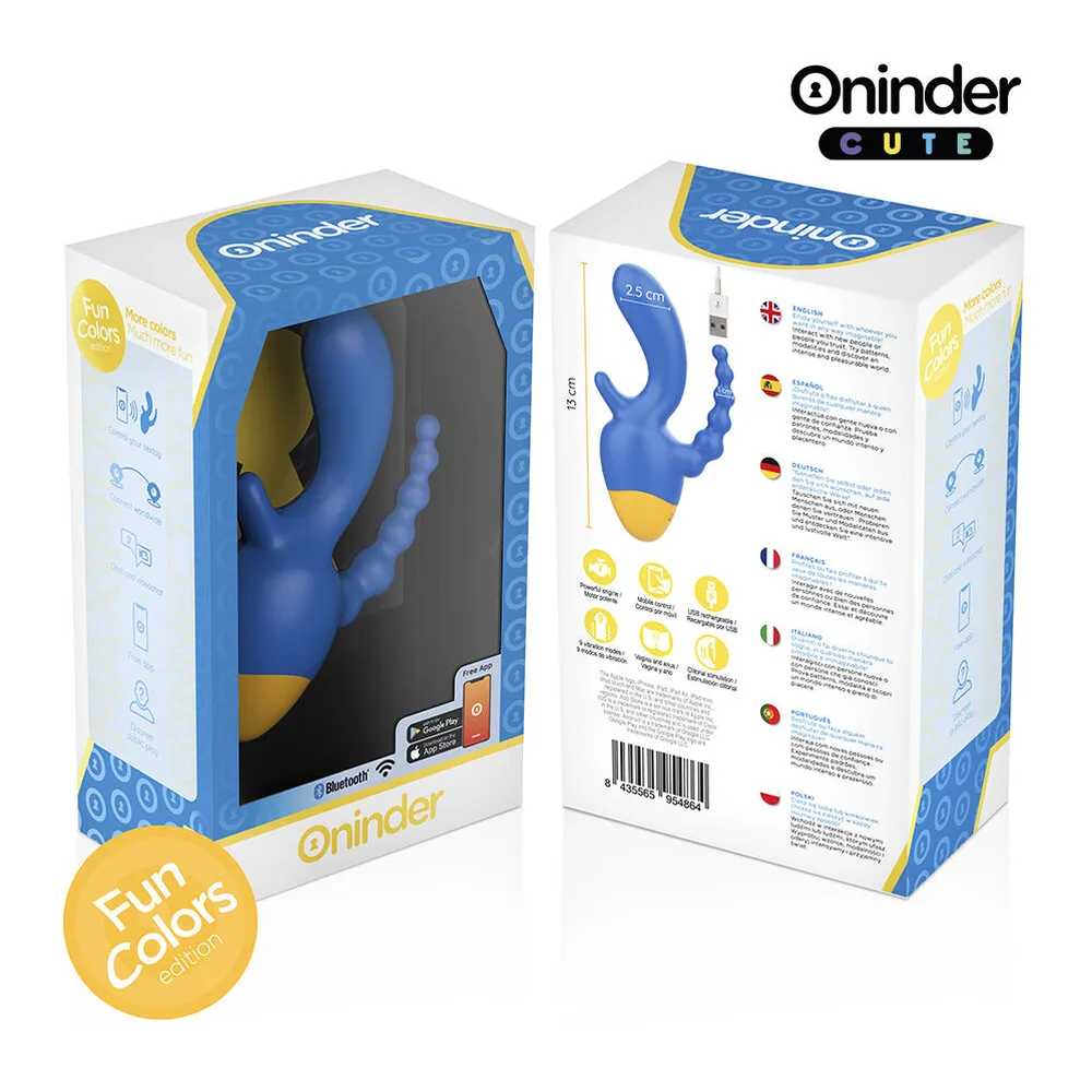 Schéma de dimensions montrant trois vibromasseurs en silicone bleu et blanc, hauteur 13 cm, avec zones de stimulation détaillées et base plate beige, logo Oninder Cute
