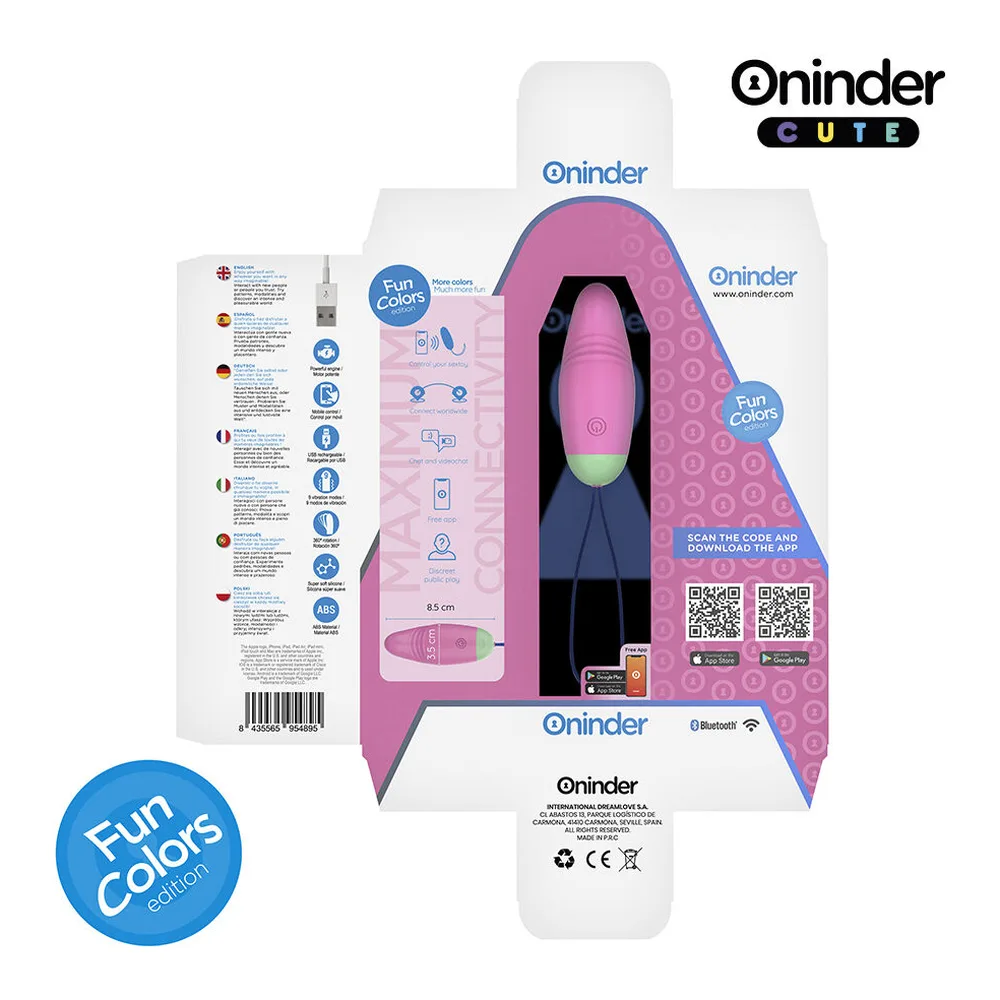 Trois œufs vibrants en silicone rose et vert pâle avec cordon de suspension, affichant dimensions de 8,5 cm et détail de 3,5 cm, sur fond blanc avec logo Oninder Cute