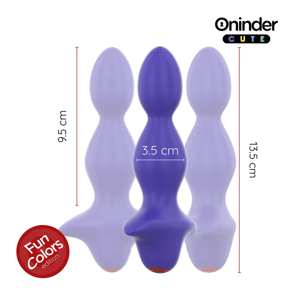 Schéma de dimensions montrant trois plugs anaux en silicone : deux en mauve clair et un en mauve foncé au centre. Hauteur totale 13,5 cm, largeur maximale 3,5 cm. Logo Oninder Cute en haut à droite, badge « Fun colors » en bas à gauche