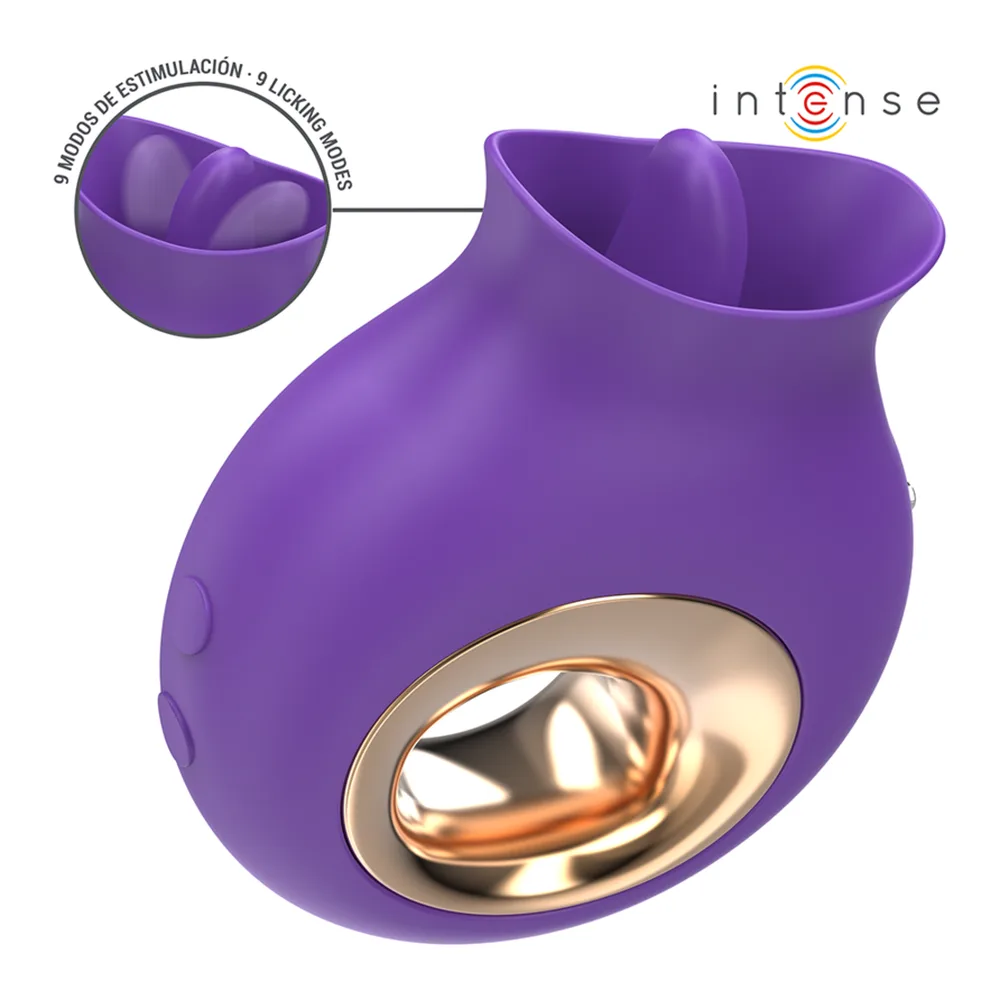 Stimulateur clitoridien Tuli violet en silicone avec coupelle vibrante et embout métallisé cuivre, détail en médaillon montrant l'intérieur de la coupelle aux 9 modes de stimulation