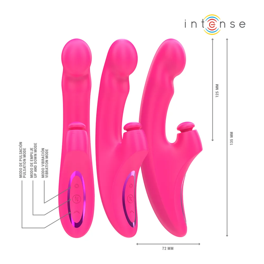 Vibromasseur Intense Emi rose vif avec tête ergonomique et zone de contact aplatie, accompagné de détails sur ses modes de pulsation et d'aspiration