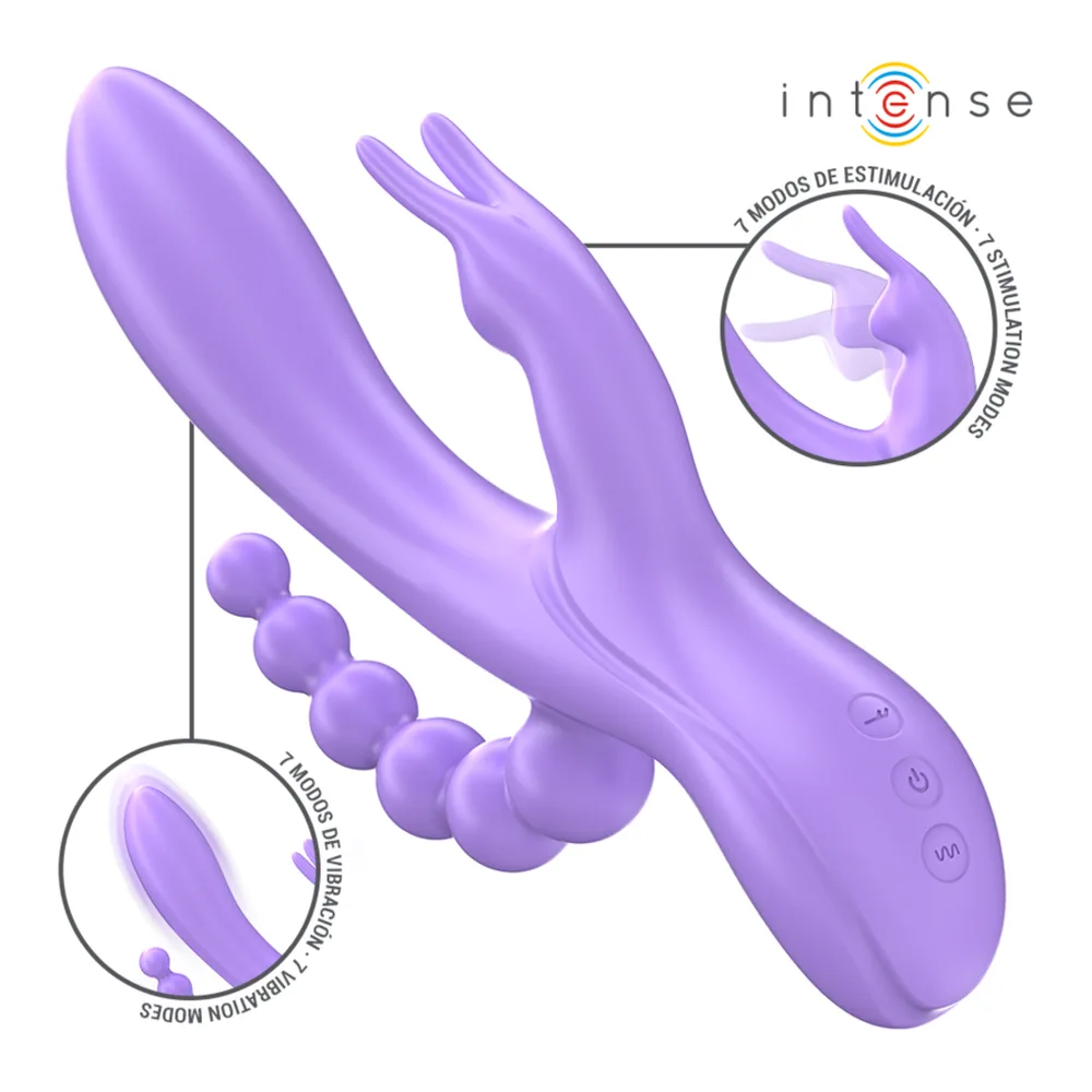 Vibromasseur lapin violet en silicone avec trois bras articulés : branche principale striée, stimulateur clitoridien en forme de langue et perles anales, boutons de contrôle visibles sur le corps