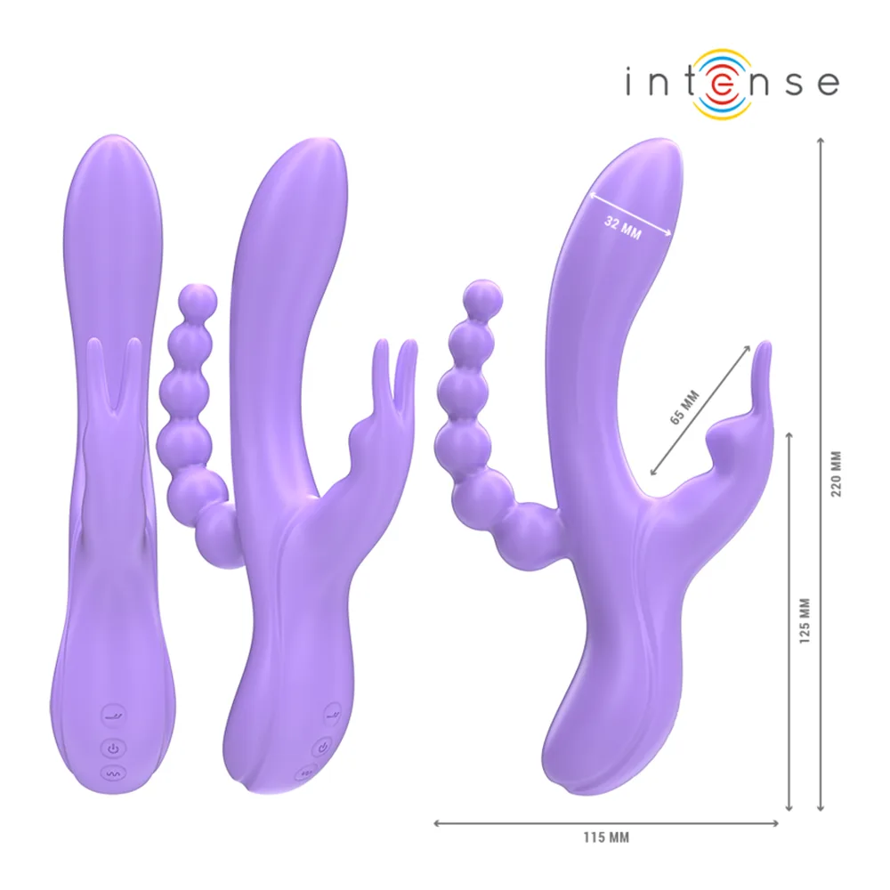Vibromasseur lapin violet en silicone avec trois bras articulés : branche principale striée, stimulateur clitoridien en forme de langue et perles anales, boutons de contrôle visibles sur le corps