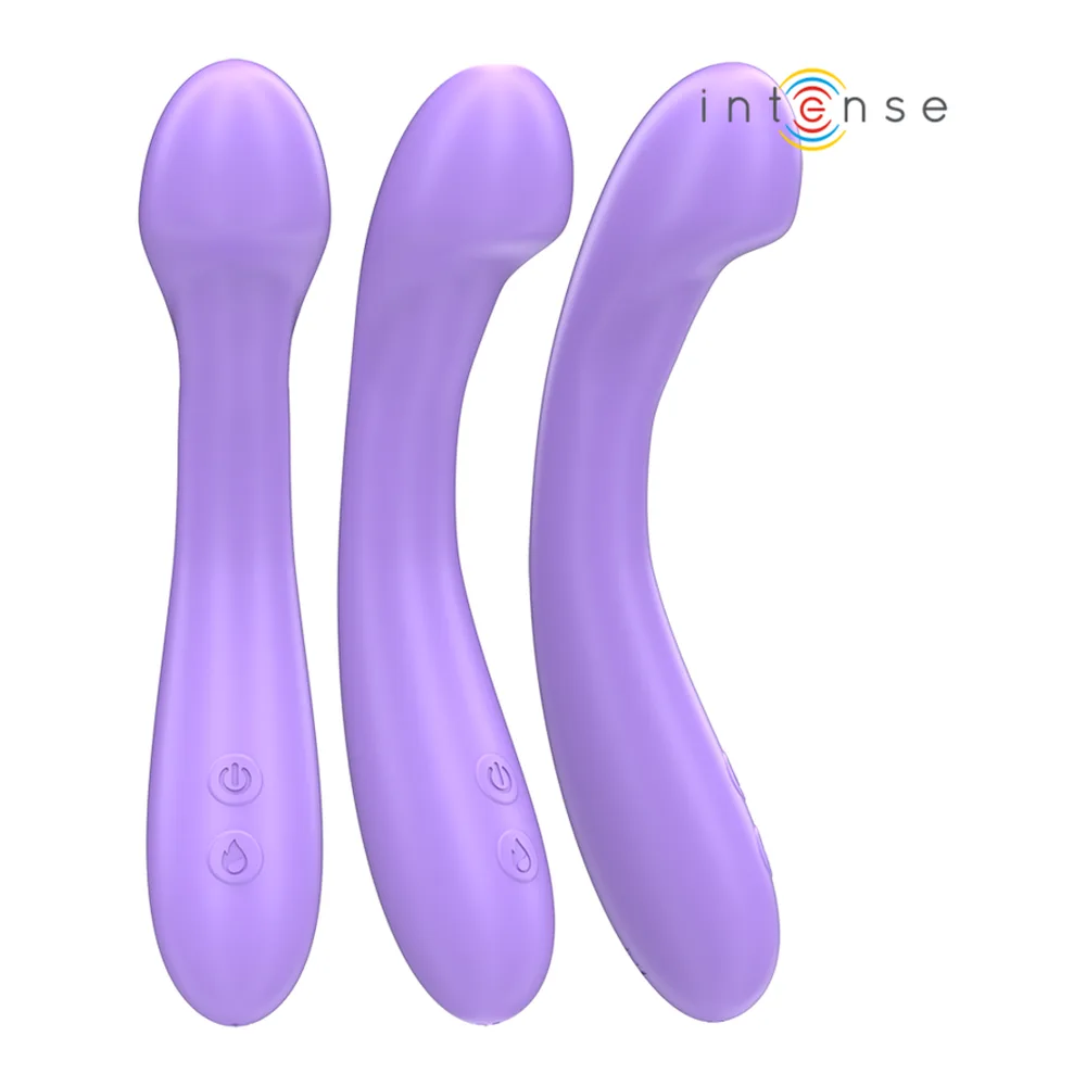 Vibromasseur Becky en silicone violet avec tête incurvée, affichant les fonctions chauffante et de vibrations multiples, sur fond blanc