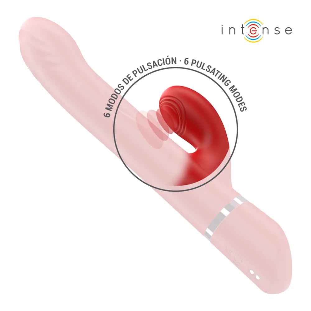 Vibromasseur rouge en silicone avec deux branches courbes, détails de fonctionnalités en encadrés : rotation automatique, six modes de vibration et six modes de rotation, batterie rechargeable