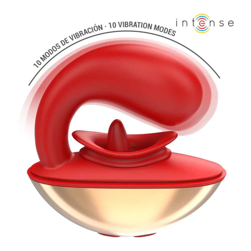 Vibrateur rouge en silicone avec coque enveloppante et languette interne souple, montré sous différents angles et détails de fonctionnement, logo Intense en haut à droite