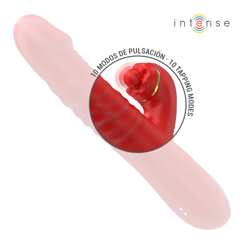 Vibromasseur rouge en silicone avec tête bulbeuse et corps nervuré, dotée d'une stimulation clitoridienne battante. Cercles détail montrant les modes de poussée et de tapotement, base dorée rechargeable