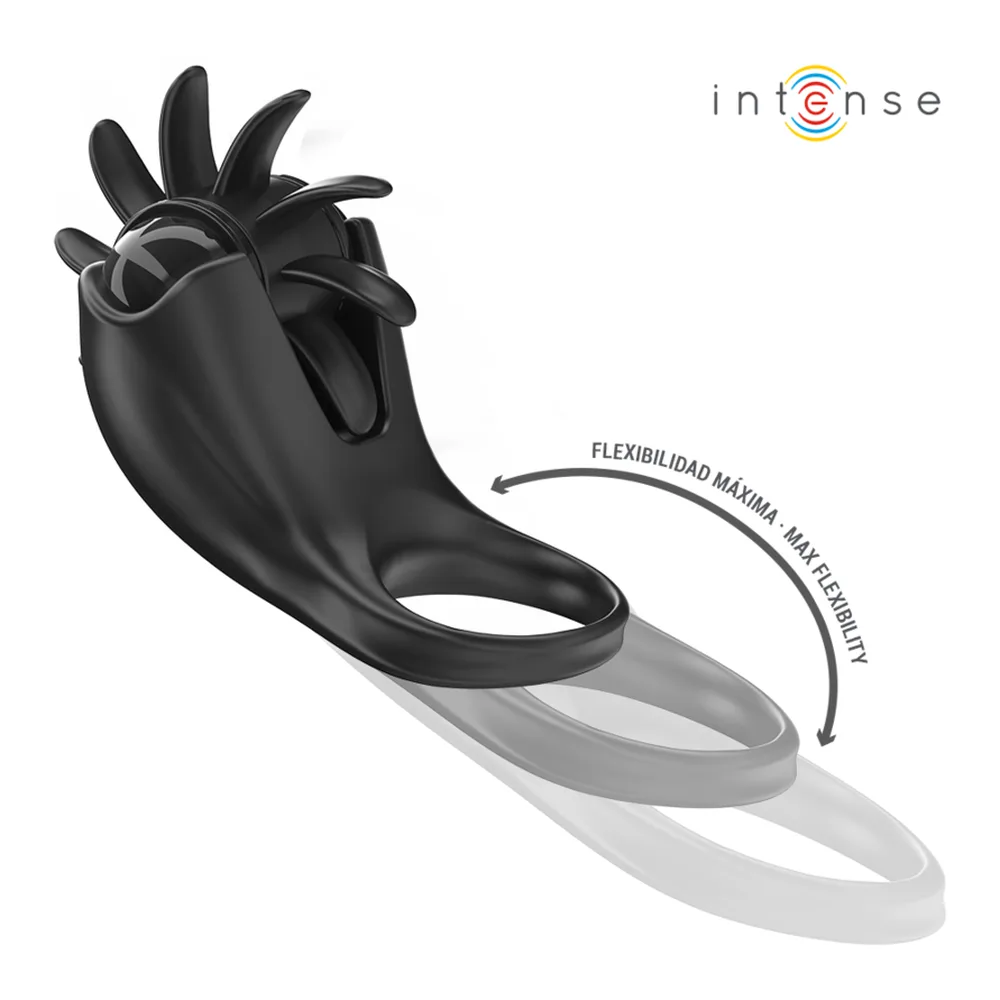 Cockring vibrant noir en silicone avec ailes blanches de part et d'autre, vue de dessus montrant les 10 modes de vibration indiqués en cercle autour du produit