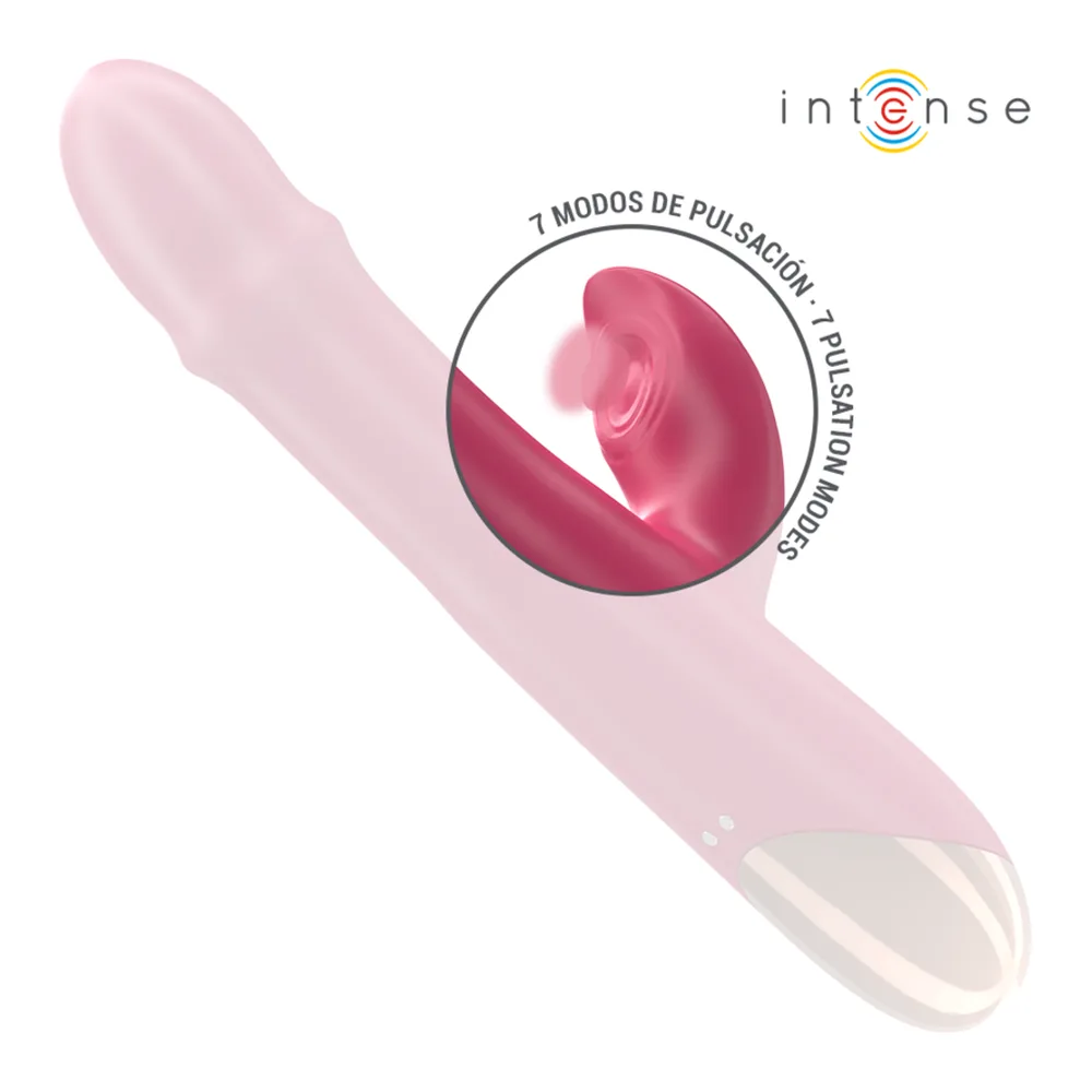Vibromasseur rose fuchsia à double stimulation avec tige nervurée et lobe arrondi, pointe dorée, boutons de commande visibles, accompagné de schémas montrant ses 10 modes de vibration et zones de pulsion