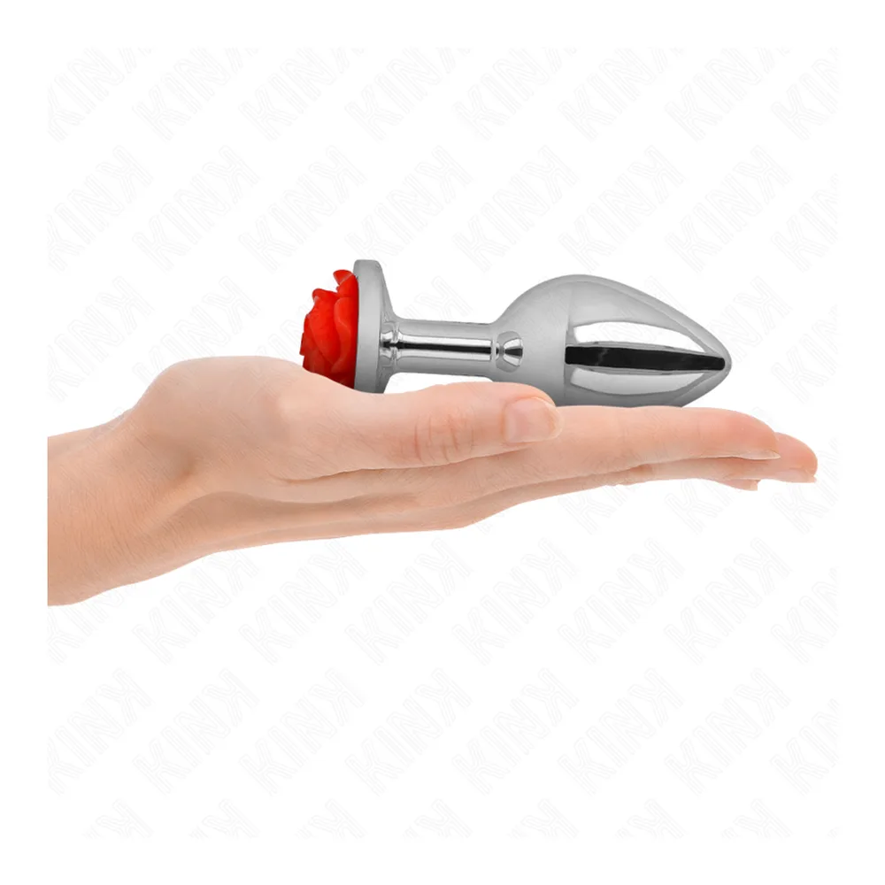 Plug anal de taille L en acier inoxydable avec base en forme de rose rouge, tige lisse et arrondie, présenté aux côtés de deux modèles plus petits en blanc translucide