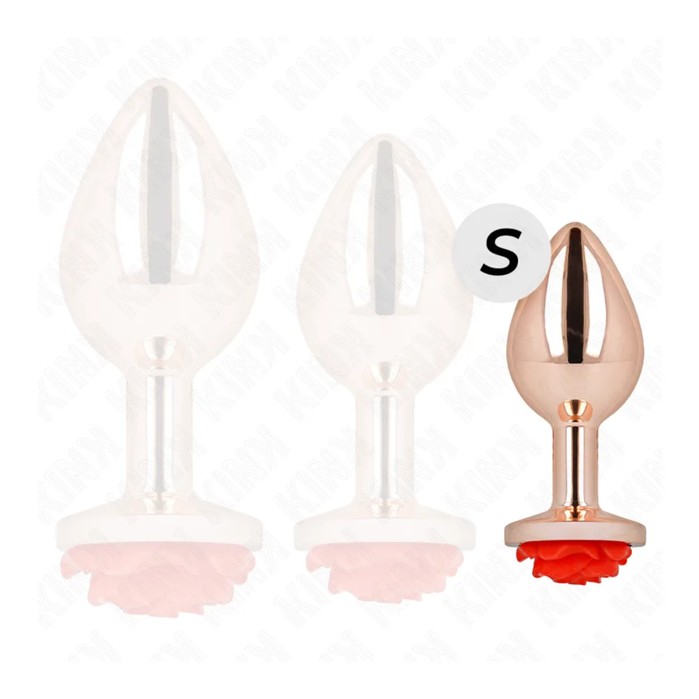Plug anal taille S en acier inoxydable or rose poli, forme ovoïde avec base décorée d'une rose rouge, montré avec deux autres tailles en verre transparent sur fond blanc