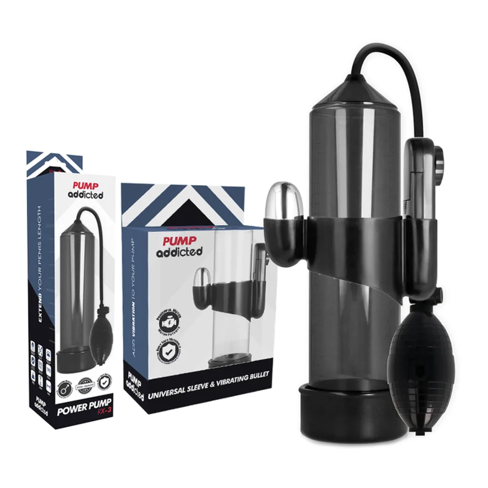 Pompe de dépression RX3 en cylindre transparent avec base noire, tube noir en silicone et balle vibrante noire, présentée avec ses emballages « Pump addicted »