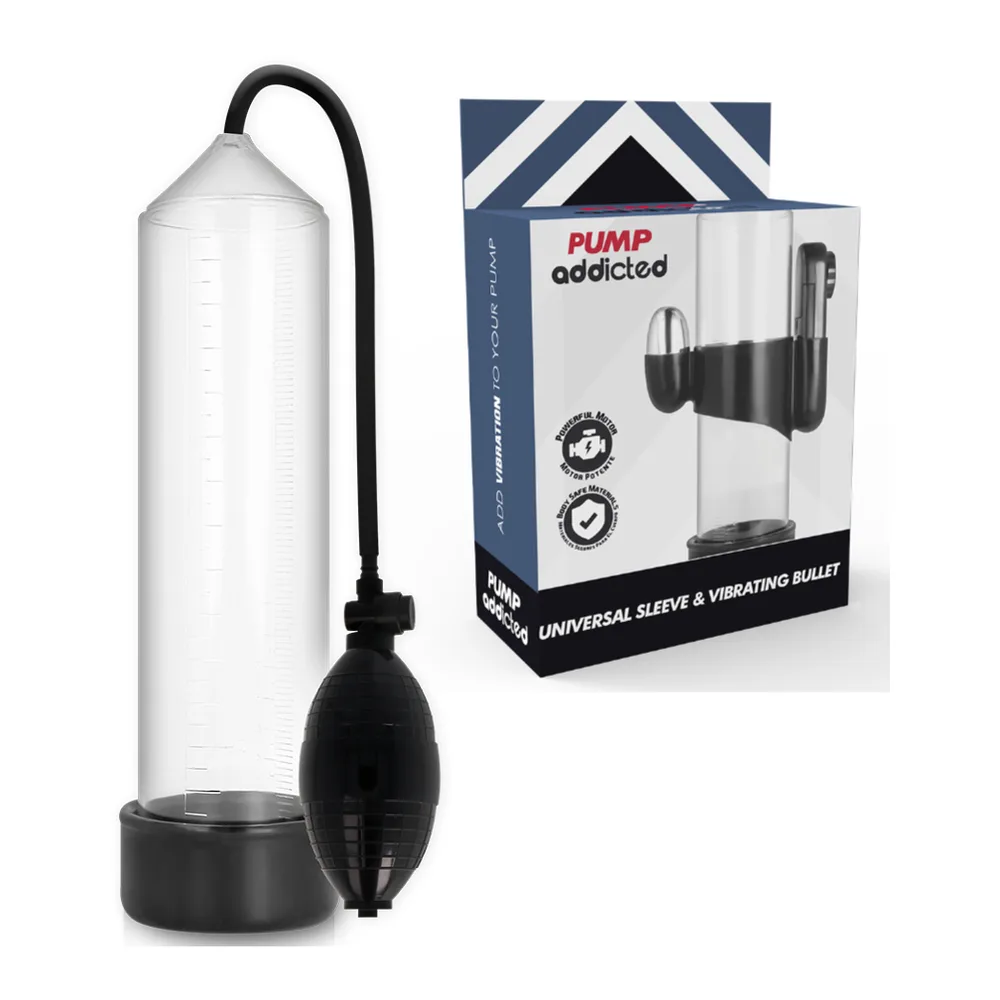 Pompe de dépression RX3 en cylindre transparent avec base noire, tube noir en silicone et balle vibrante noire, présentée avec ses emballages « Pump addicted »