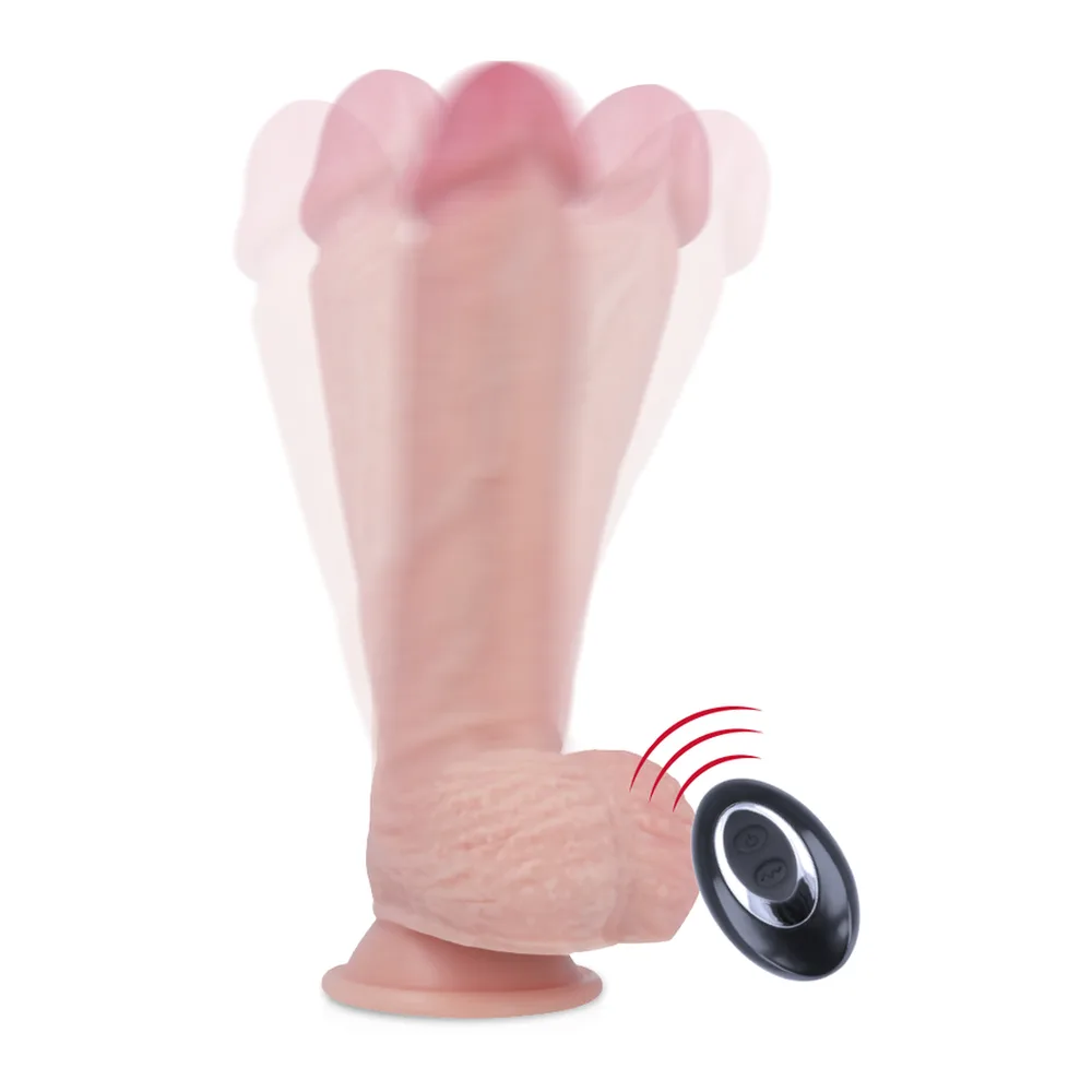 Gode réaliste en silicone rose chair avec base ventousée, dotée d'une télécommande sans fil noire avec voyant lumineux