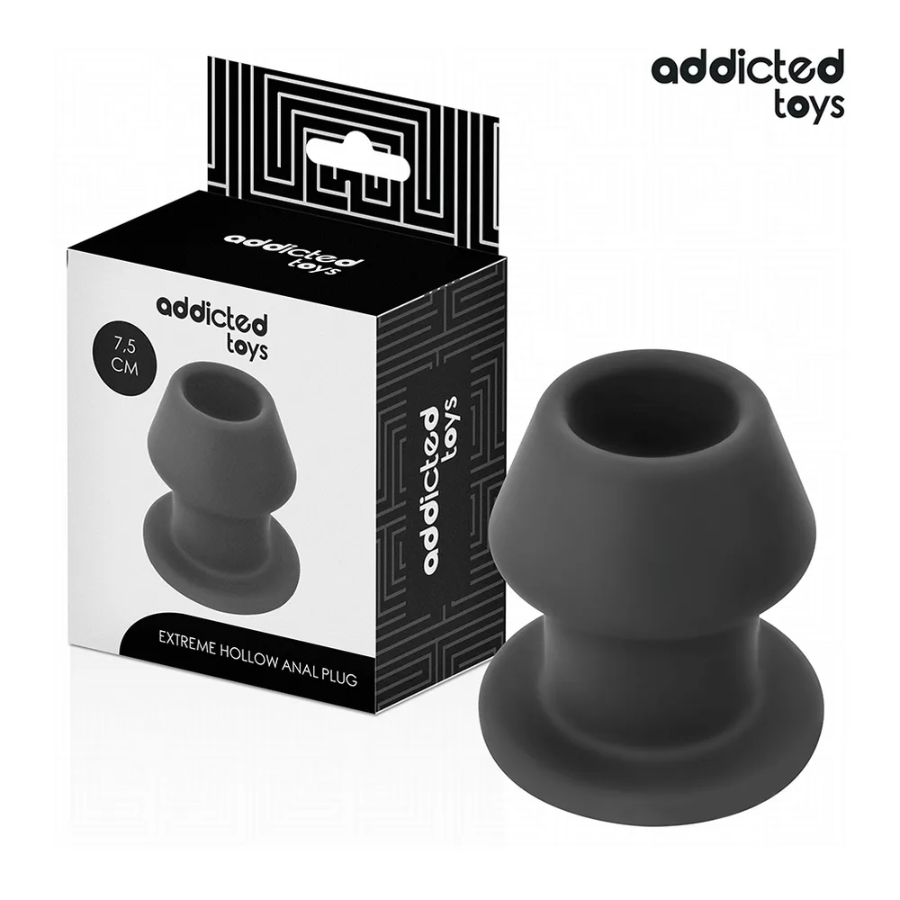 Emballage et plug anal en silicone noir de 7,5 cm avec tunnel creux, design épaulé, marque Addicted Toys