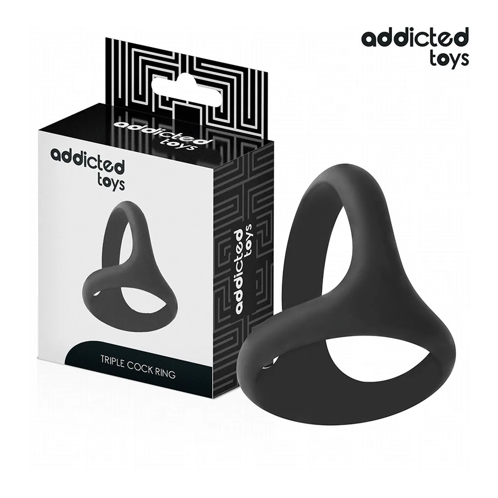 Cockring noir en silicone épais avec trois boucles, présenté dans son emballage blanc et noir de la marque Addicted Toys
