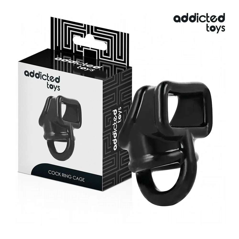 Cage à pénis Addicted Toys en silicone noir avec anneau de base et capuchon supérieur, présentée avec son emballage blanc et noir
