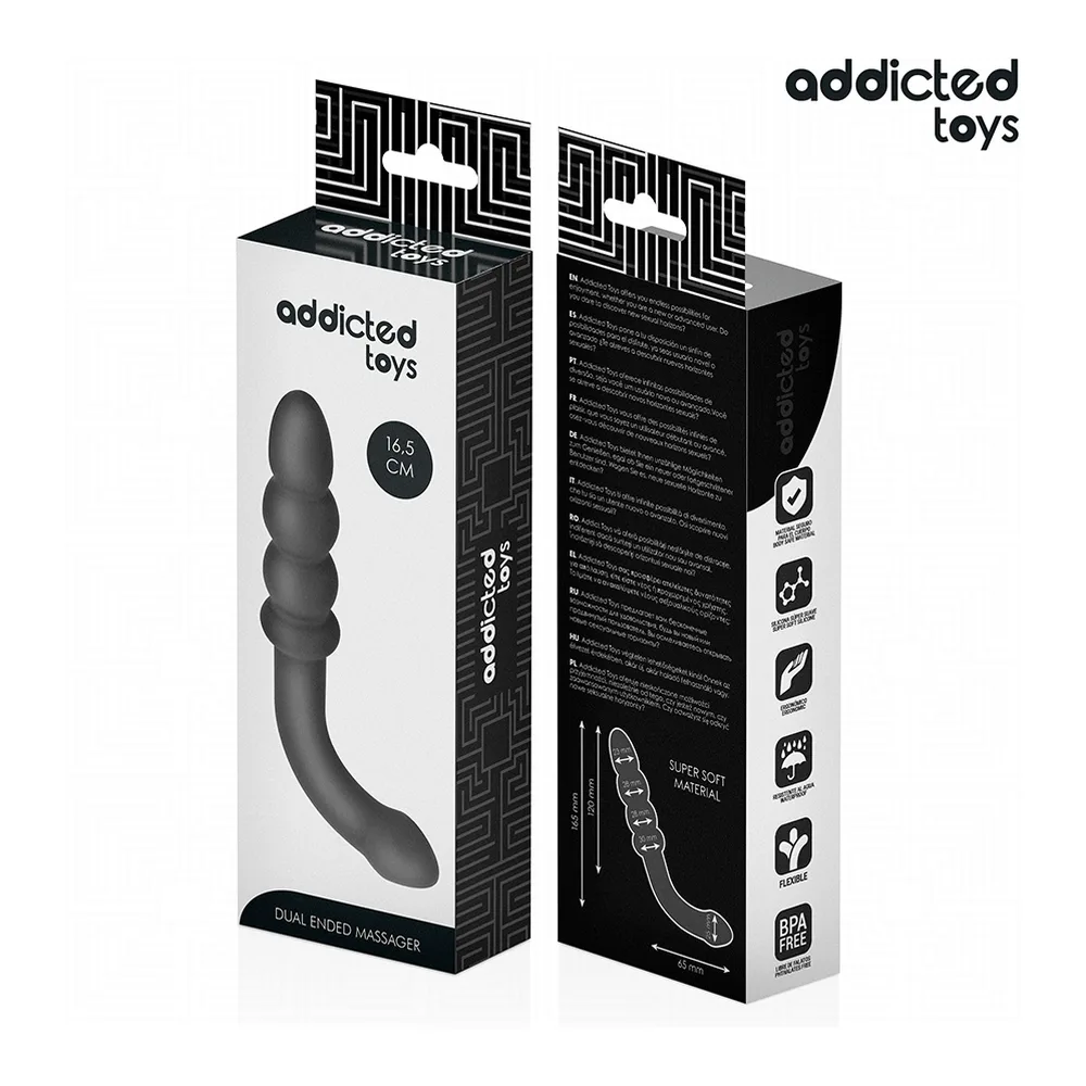 Masseur noir en silicone avec deux extrémités ondulées de diamètres différents, tenu dans les mains pour montrer sa taille compacte