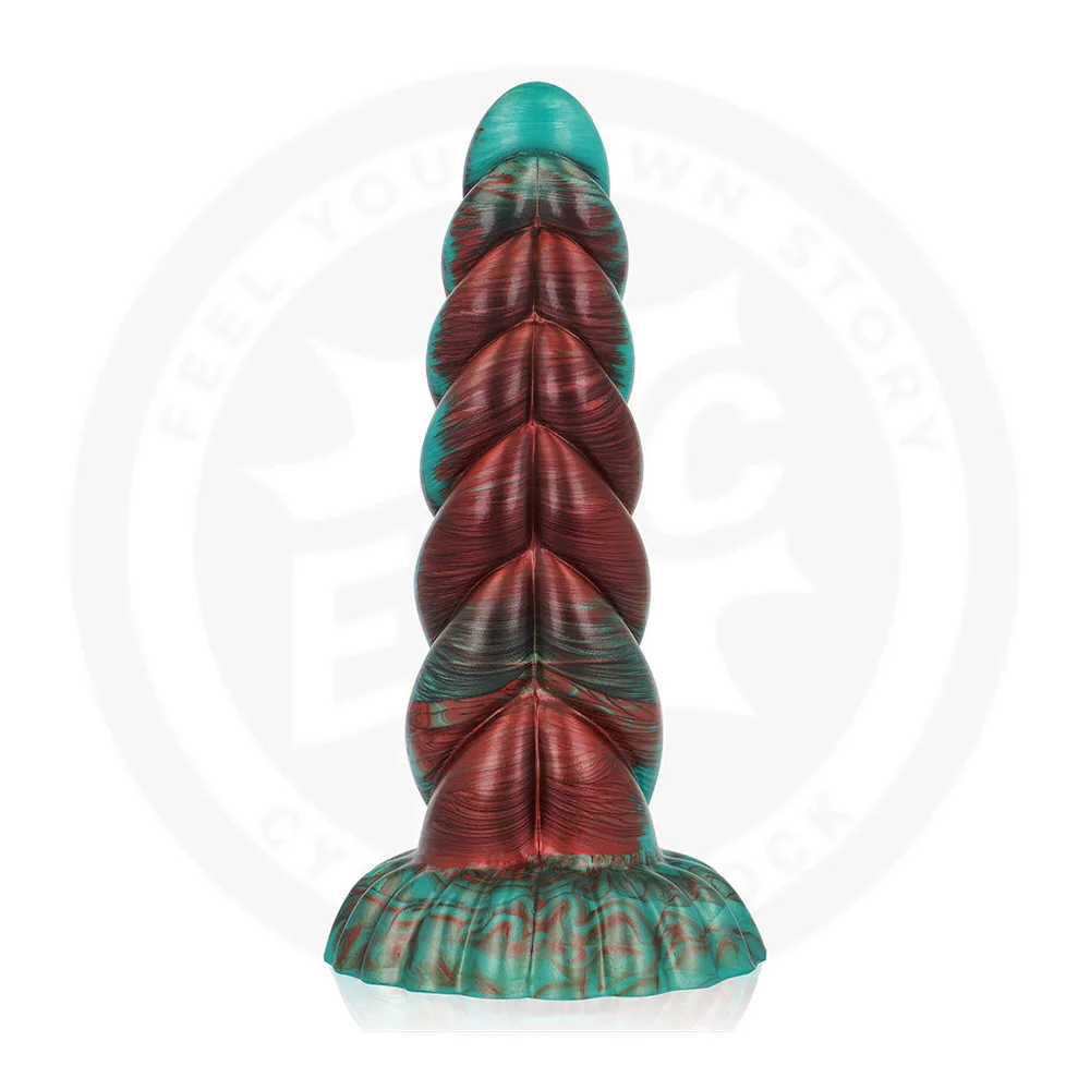 Gode Zirion Aridfire en silicone turquoise et rouge, forme conique spiralée élargissante, base évasée texturée, sur fond blanc