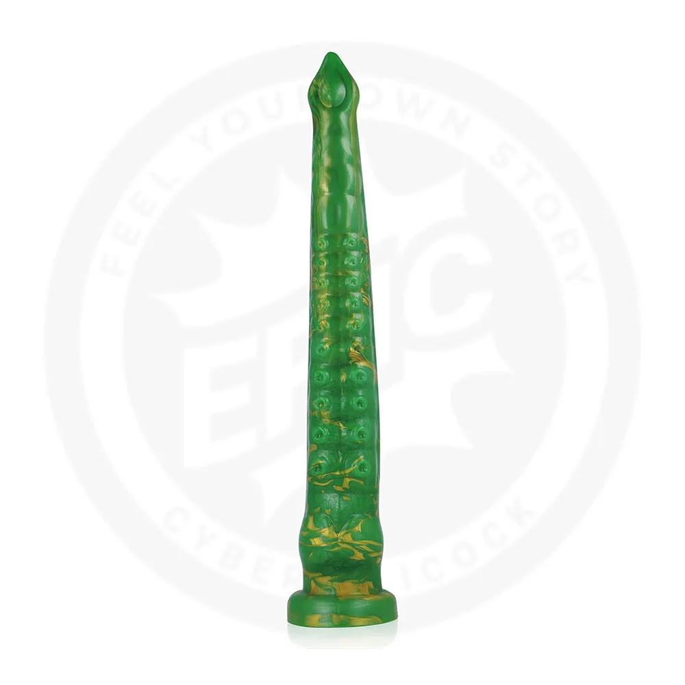 Gode en silicone vert avec motifs dorés ondulants, forme effilée et pointue, base ventouse plate, sur fond blanc